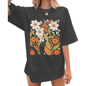 Women Grey Flower Shirt Vintage Floral Shirt Garden Lovers Tops Casual Loose Tee